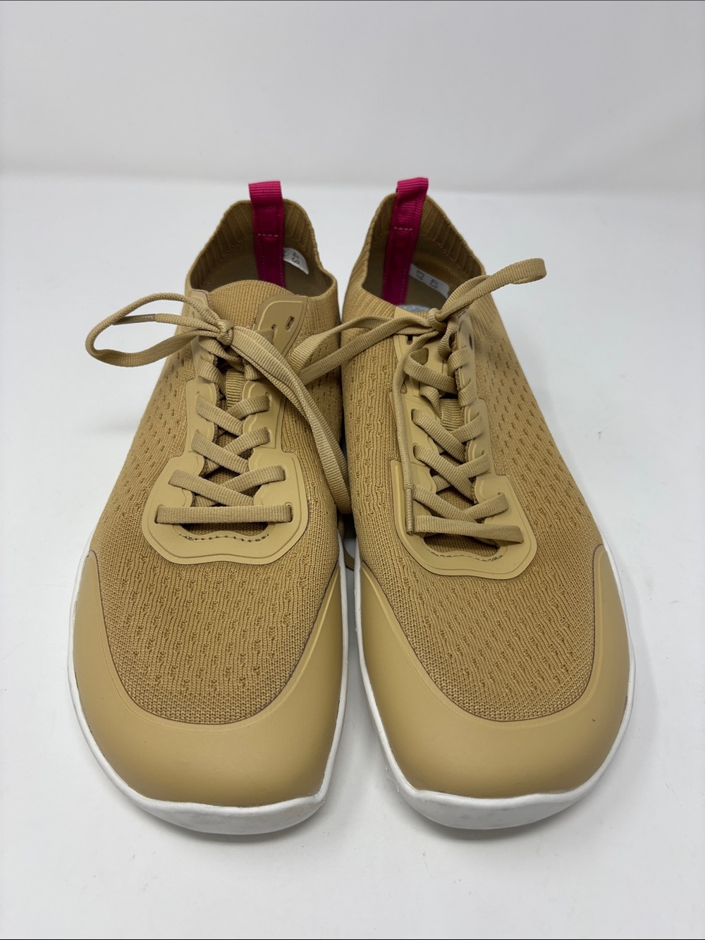 Lightweight Knit Lace-Up Sneakers in Tan with Pink Heel Tab